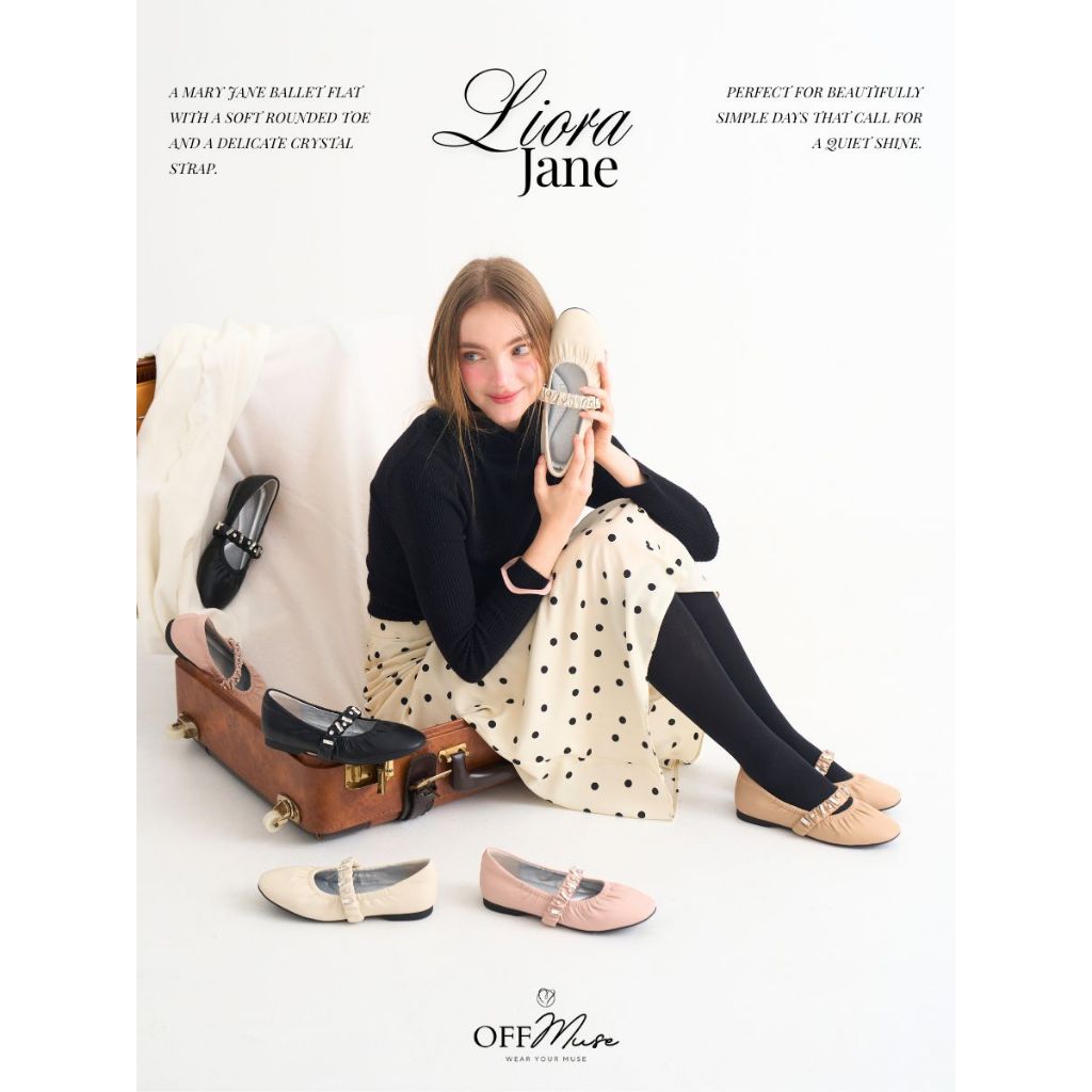 รองเท้า Ballet Flat รุ่น Liora Jane หนังไมโครไฟเบอร์สุดนิ่ม ดีไซน์สายคาด Mary Jane ตกแต่งคริสตัลให้ประกายเล็กๆ