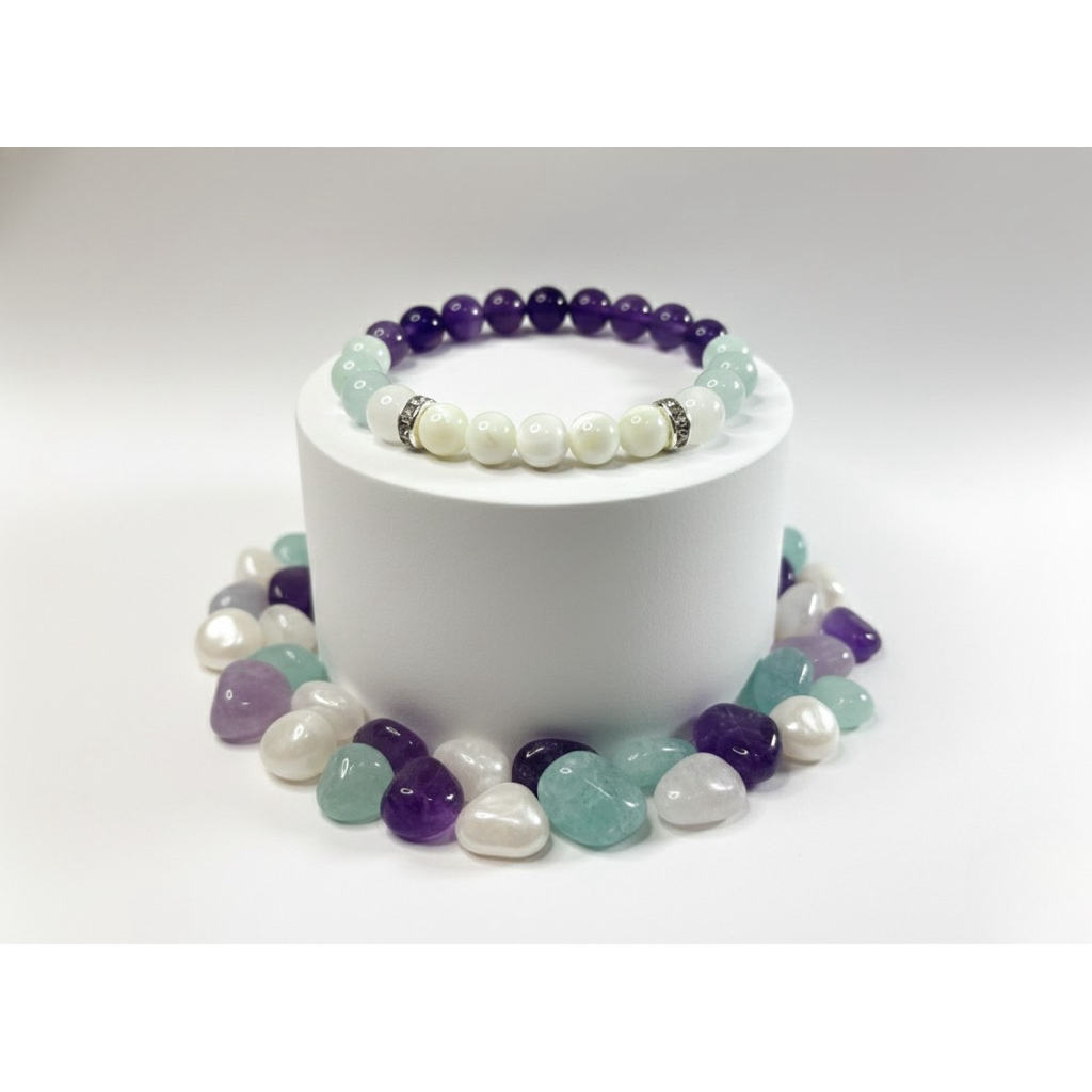 อเมทิสต์(Amethyst) + อความารีน(Aquamarine) + มูนสโตน(Moonstone) + หินเปลือกหอย กำไลหินมงคล 8mm. Nareegives หินมงคลแท้ ราคา ถูกที่สุด ดีลบีเคเค แกลเลอรีภาพที่ 2