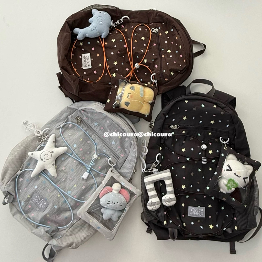 ꒰ pre-order ꒱ ChicAura string backpack 🎒🍡 ลายมาใหม่! กระเป๋าเป้ลายดาว สีน้ำตาล สีเทา สีดำ ลาย Polka dot สีขาว