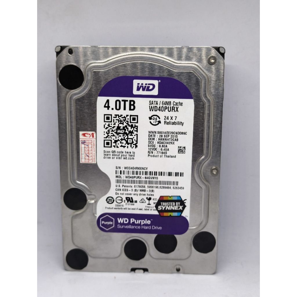 Hard disk 4tb WD Purple เหมาะสำหรับเครื่องบันทึก และ เซิร์ฟเวอร์ มือสองสภาพดี ประกันร้าน 7 วัน