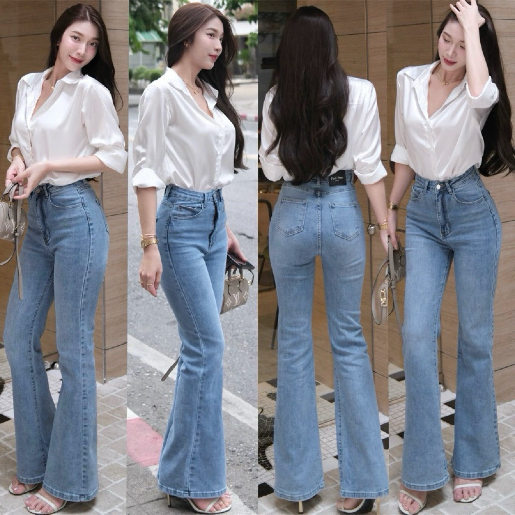 Jazzy jeans กางเกงขาม้าเอวสูง เก็บทรงสวยผ้ายีนส์ยืดหนานุ่ม ใส่สบาย