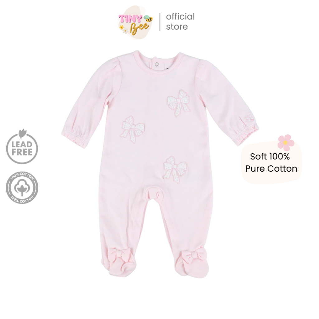 TinyBee ชุดหมีคลุมเท้า บอดี้สูท ซิปสองทาง 2 WAY ZIPPER Sleepsuits ผ้าฝ้าย ปักโบว์ อายุ 0-18 เดือน