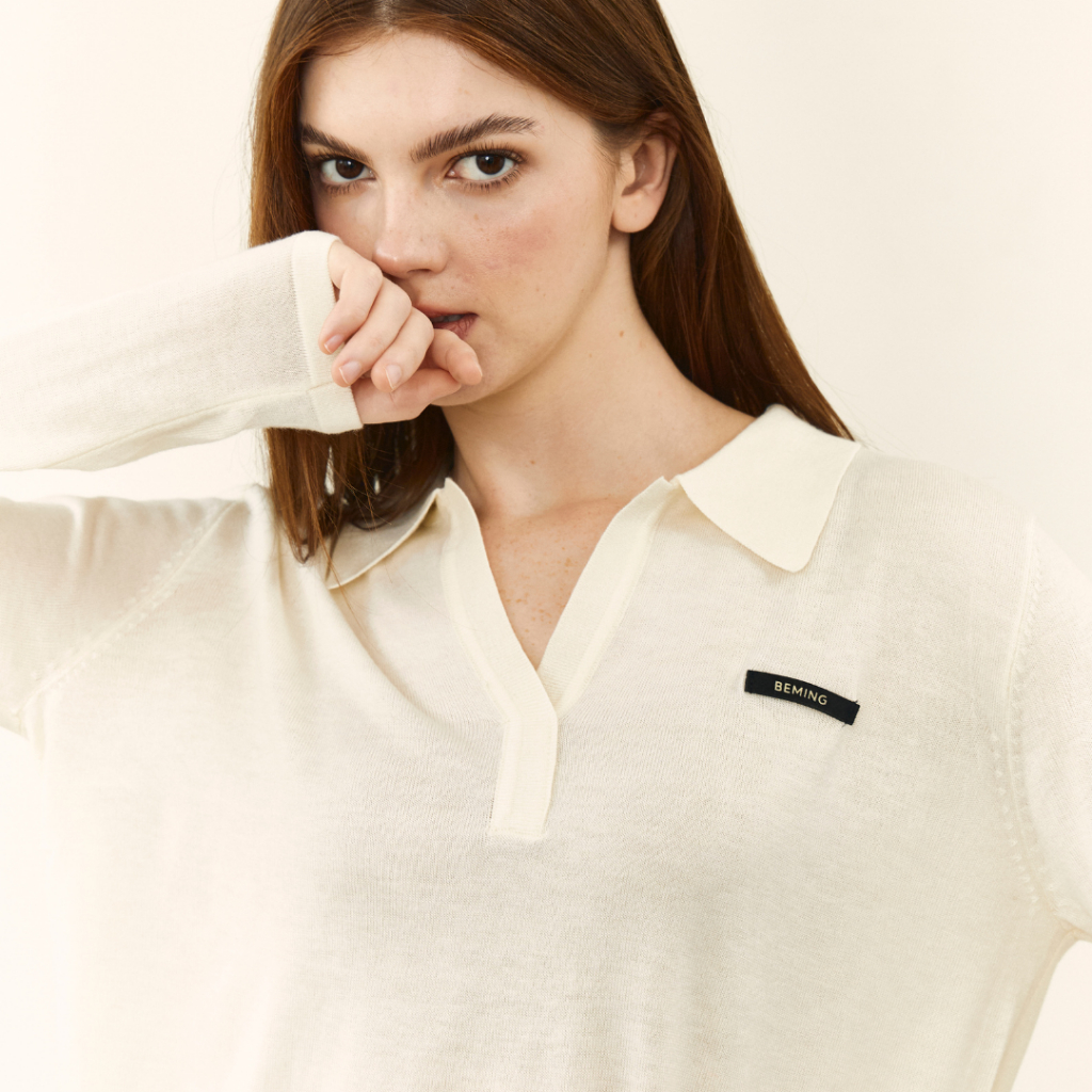 Bemingtop1087(S-2XL)-BMG Polo Longline - เสื้อแขนยาวคอปก ดีเทลคอวี ปักโลโก้ BEMING ด้านหน้า รูปที่ 5