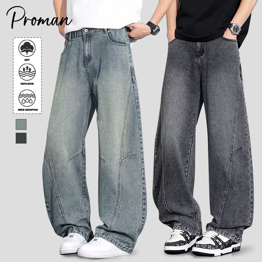 PROMANกางเกงยีนส์ขากว้าง  สไตล์อเมริกันวินเทจ  สบายไม่อึดอัด  ใส่ได้กับทุกอย่าง