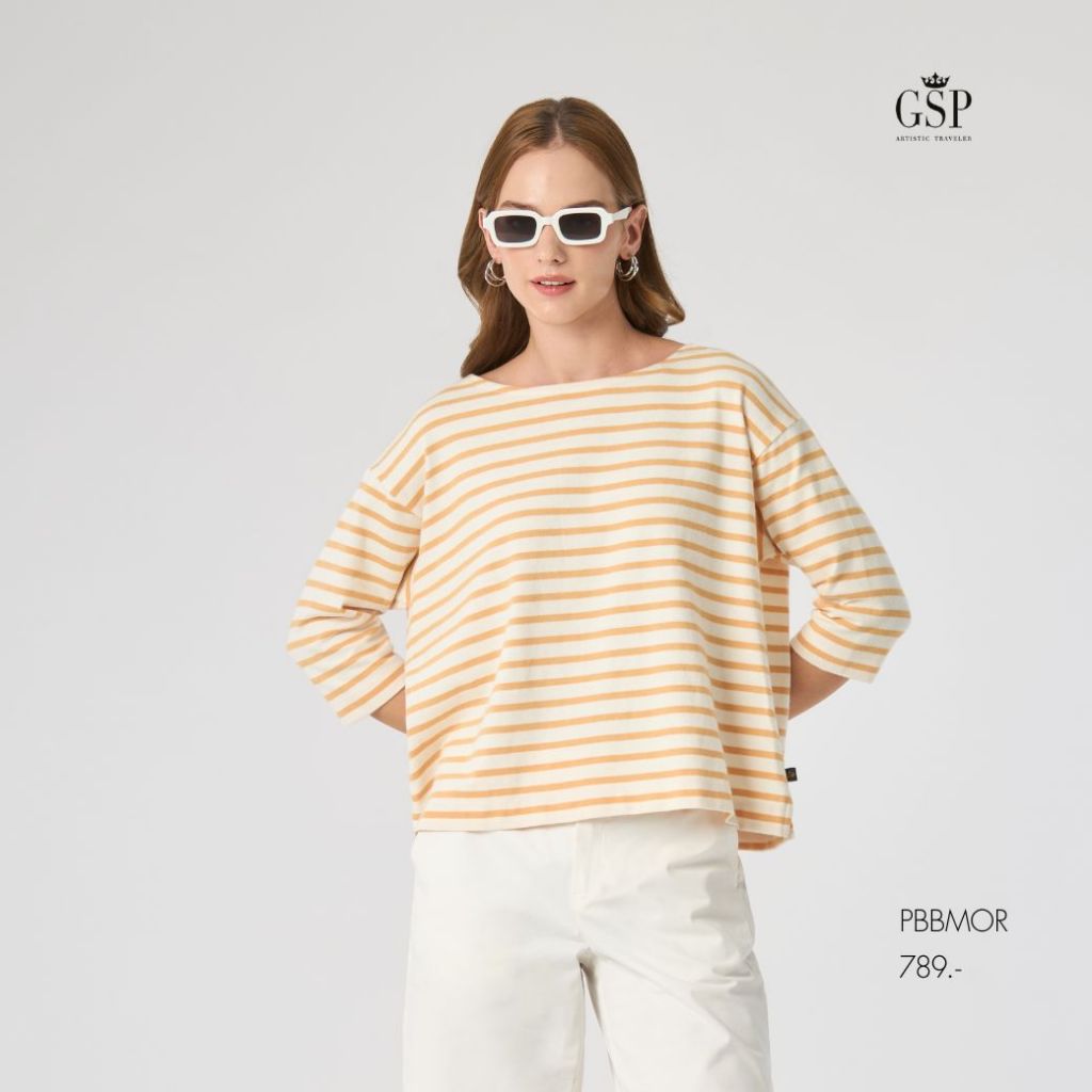 GSP woman's Tee shirt Friendly stripe เสื้อยืดคอกลม แขนยาว สีเบจริ้วขาว PBBMOR