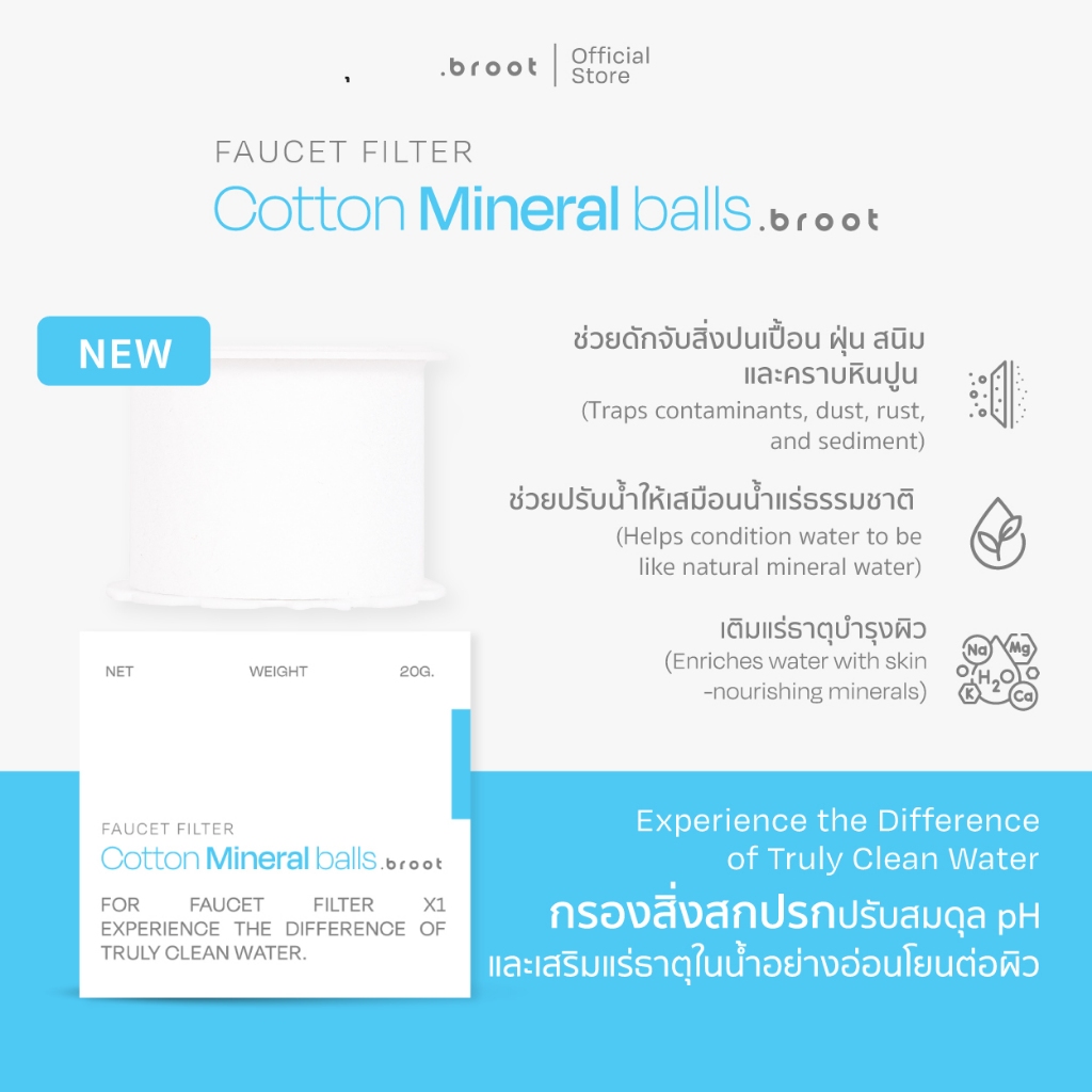 Cotton + Mineral Balls  ไส้กรองฝ้ายเกรดพิเศษผสานนวัตกรรมหินแร่ธรรมชาติ(ใช้สำหรับ Face Wash Faucet Fi