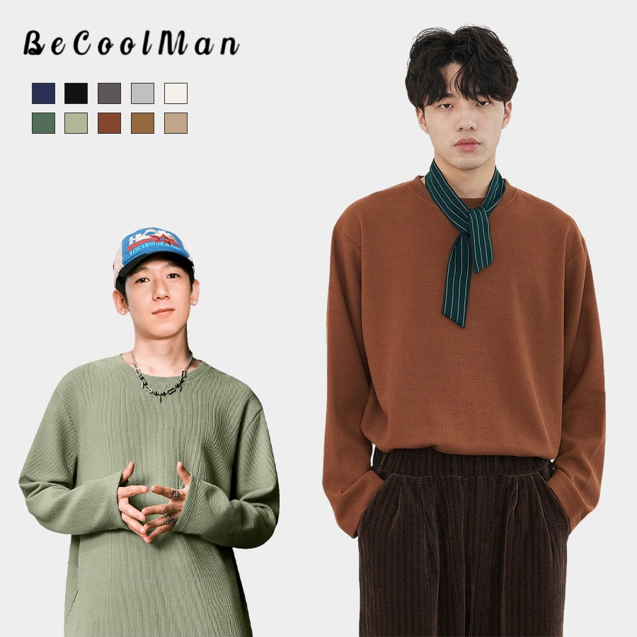BECOOLMAN- สีล้วน สีล้วน แขนยาว เสื้อยืด ชาย ลำลอง แมทช์ลุคง่าย M-3XL