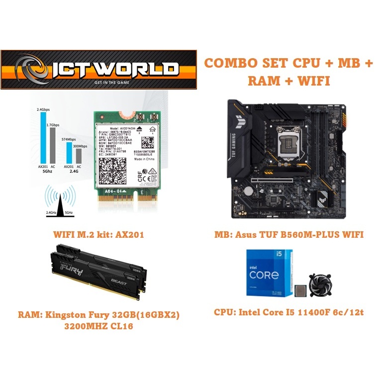COMBO SET CPU i5 11400F + Asus-B560M PLUS WIFI + RAM 32GB(16GBX2) 3200MHZ CL16 + WIFI6 AX201 ชุดเมนบ