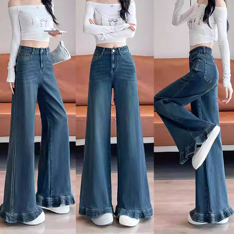 กางเกงยีนส์เอวสูงผู้หญิง ขา Bootcut Ruffle Hem  สไตล์การแต่งตัวที่ทันสมัย ใส่สวยได้ทุกโอกาส