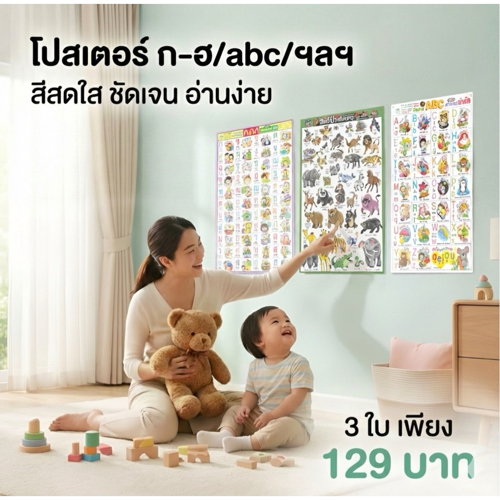 โปสเตอร์ ก.ไก่/abc/ฯลฯ ติดผนัง | เด็ก 1–5 ขวบ | เซ็ต 3 ใบ ราคาพิเศษเพียง 129.-
