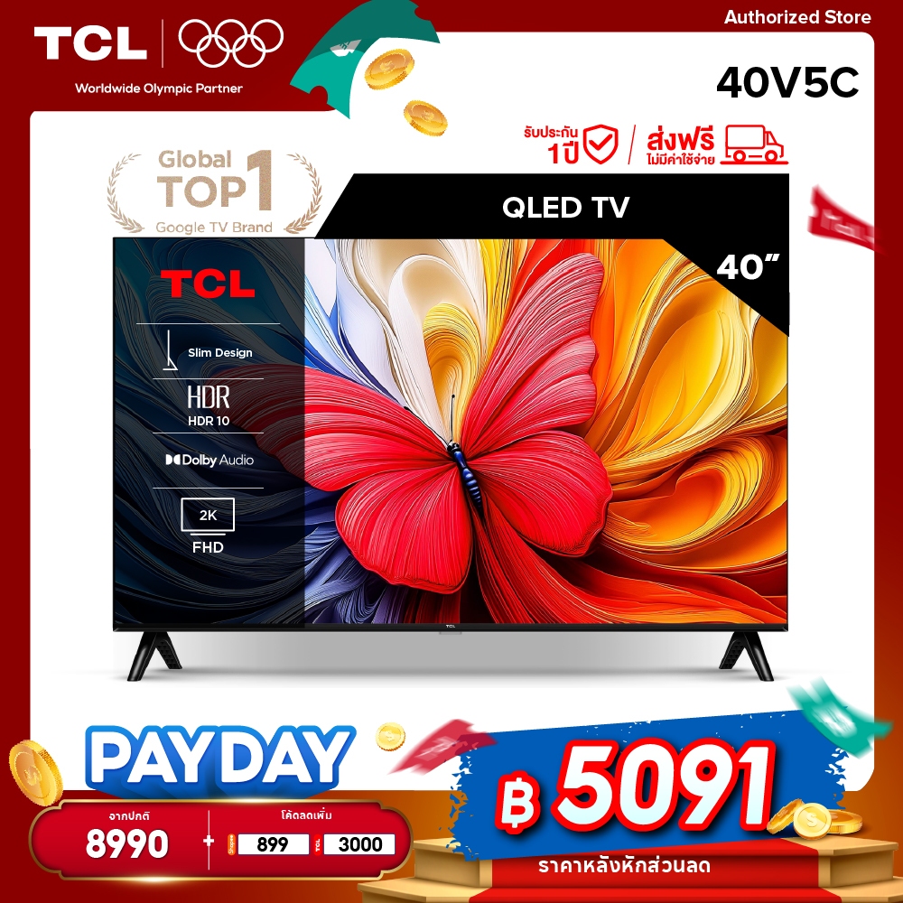 [NEW 2025] TCL ทีวี 40 นิ้ว FHD QLED Google TV รุ่น 40V5C Slim Design, Netflix&Youtube, Voice Search