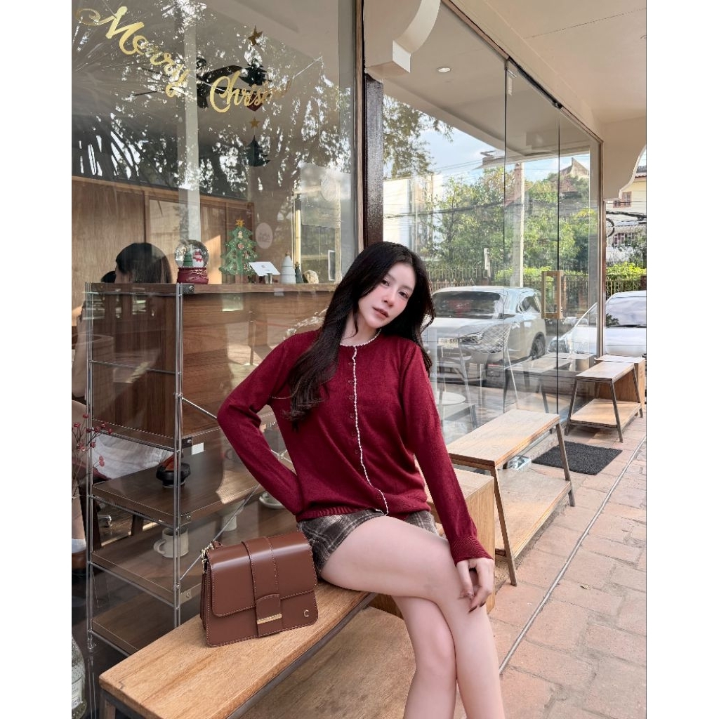 NEW CADIGAN เสื้อไหมพรมคอกลมแขนยาว ดีเทลแต่งขลิบขอบเสื้อน่ารักมาก