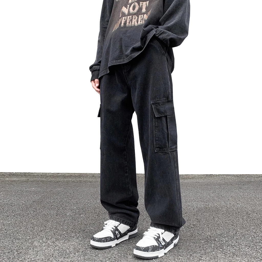 กางเกงยีนส์สำหรับผู้ชาย กางเกงคาร์โก้สำหรับผู้ชาย ทรงหลวมตรง ลำลอง กางเกงยีนส์คาร์โก้สไตล์เกาหลี สีเทา - รูปที่ 4