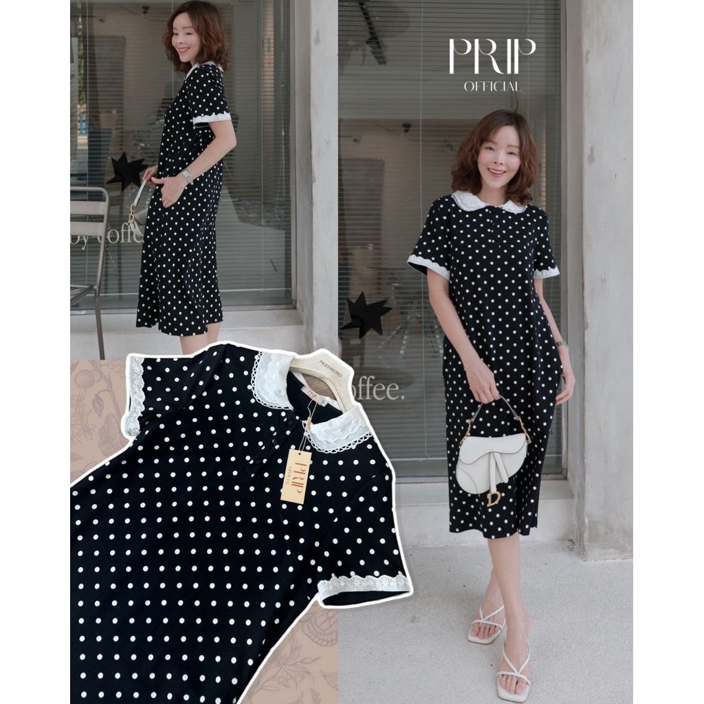 Chaline & prip เดรสผ้ายืดอย่างดี ลาย polkadot น่ารัก