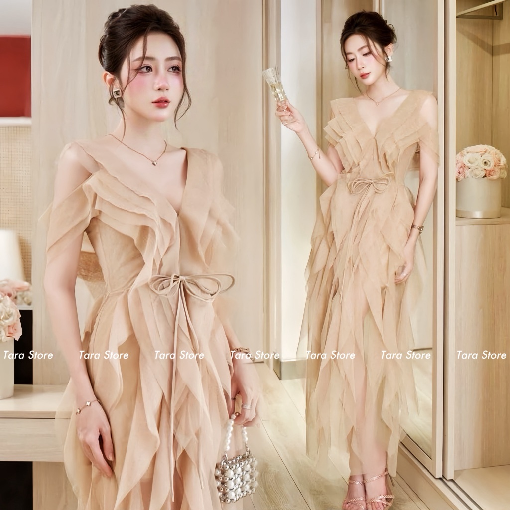 Tara Store เดรสระบายผ้าทูเล่ย์ สไตล์เรียบหรูดูแพง #G858