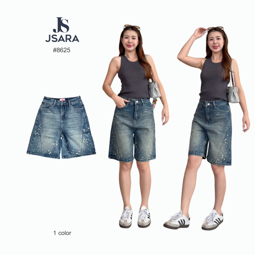 JSARA S-3XL กางเกงยีนส์สามส่วน วัยรุ่นทรงวินเทจ ผ้ายีนส์ไม่ยืด แต่งเฟดทั้งข้างหน้าและด้านหลัง ขาสั้นรหัส#8625