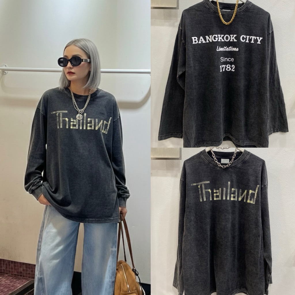 hmwe shop🍊เสื้อยีด แขนยาว ผ้าฟ้อกโอเว่อร์ไซด์เสื้อยืด Oversize พิมลาย หลากหลาย สกรีนสวยทุกรุ่น  ใส่ได้ทั้งหญิง-ชาย