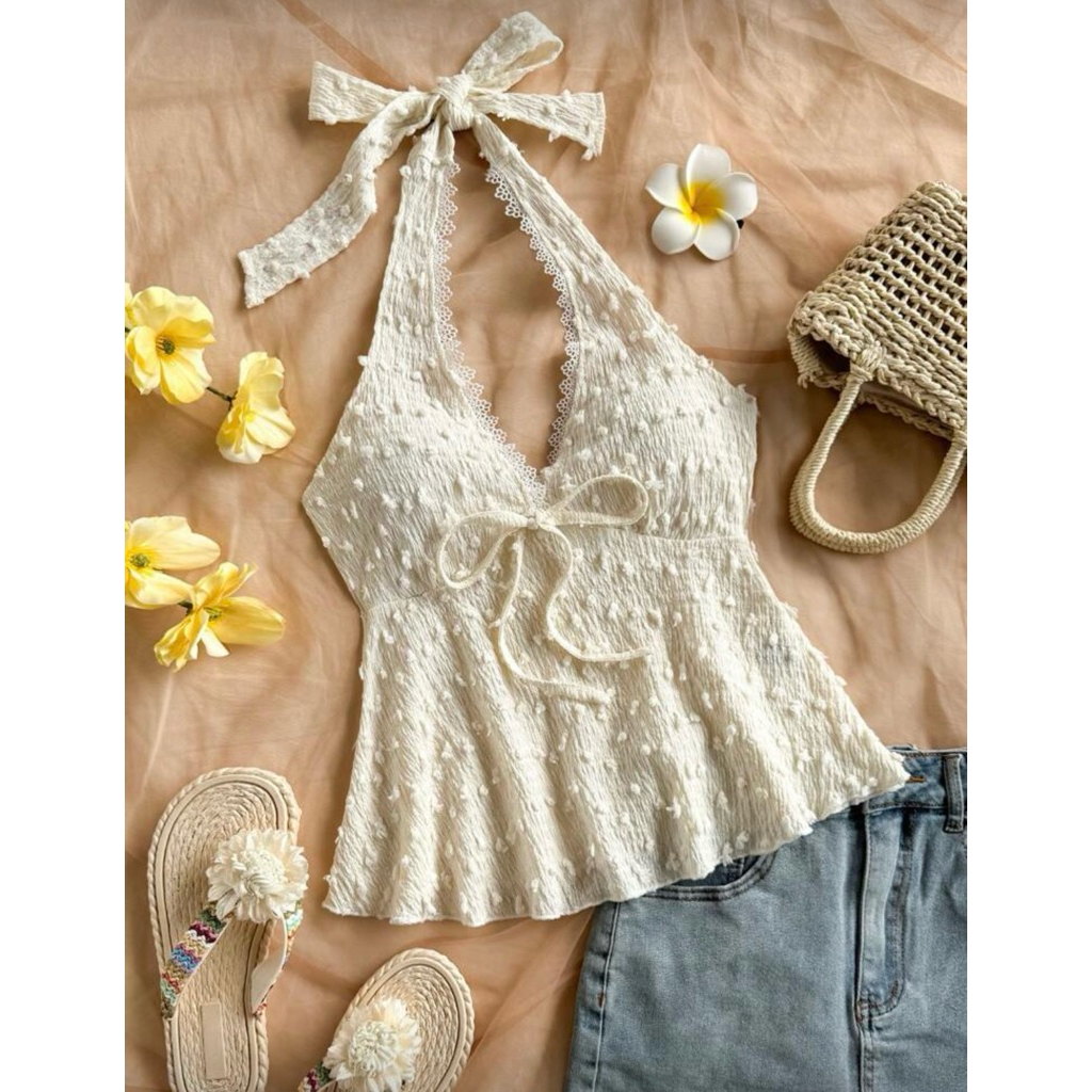 shein เสื้อคล้องคอผู้หญิงสีครีม