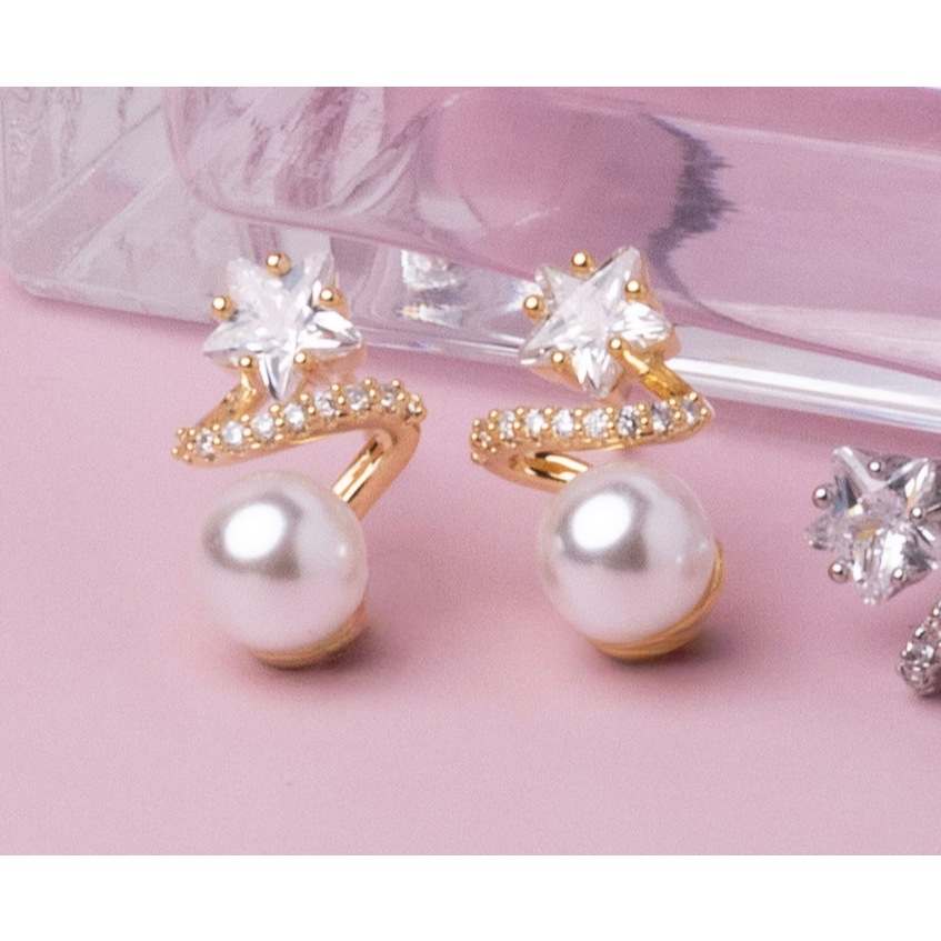 Vipalis พร้อมส่ง ต่างหูมุกคริสตัลดาว ดีไซน์เกลียว | Star Pearl Spiral Earrings | Post Pin Silver 925 - รูปที่ 2