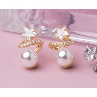 Vipalis พร้อมส่ง ต่างหูมุกคริสตัลดาว ดีไซน์เกลียว | Star Pearl Spiral Earrings | Post Pin Silver 925