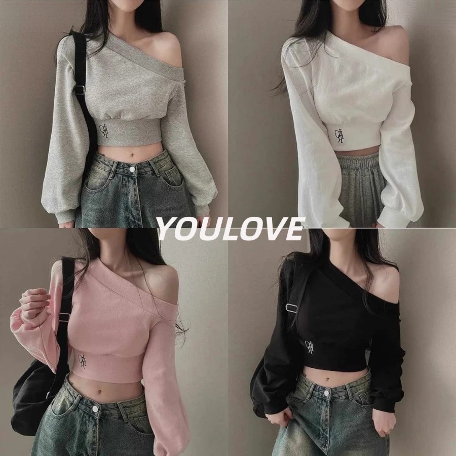 พร้อมส่งจากกทม เปิดไหล่เกาหลีเรียบง่ายเสื้อยืดเปิดคอหลวมพอดีสั้นแขนยาวด้านบน (หลากสี)