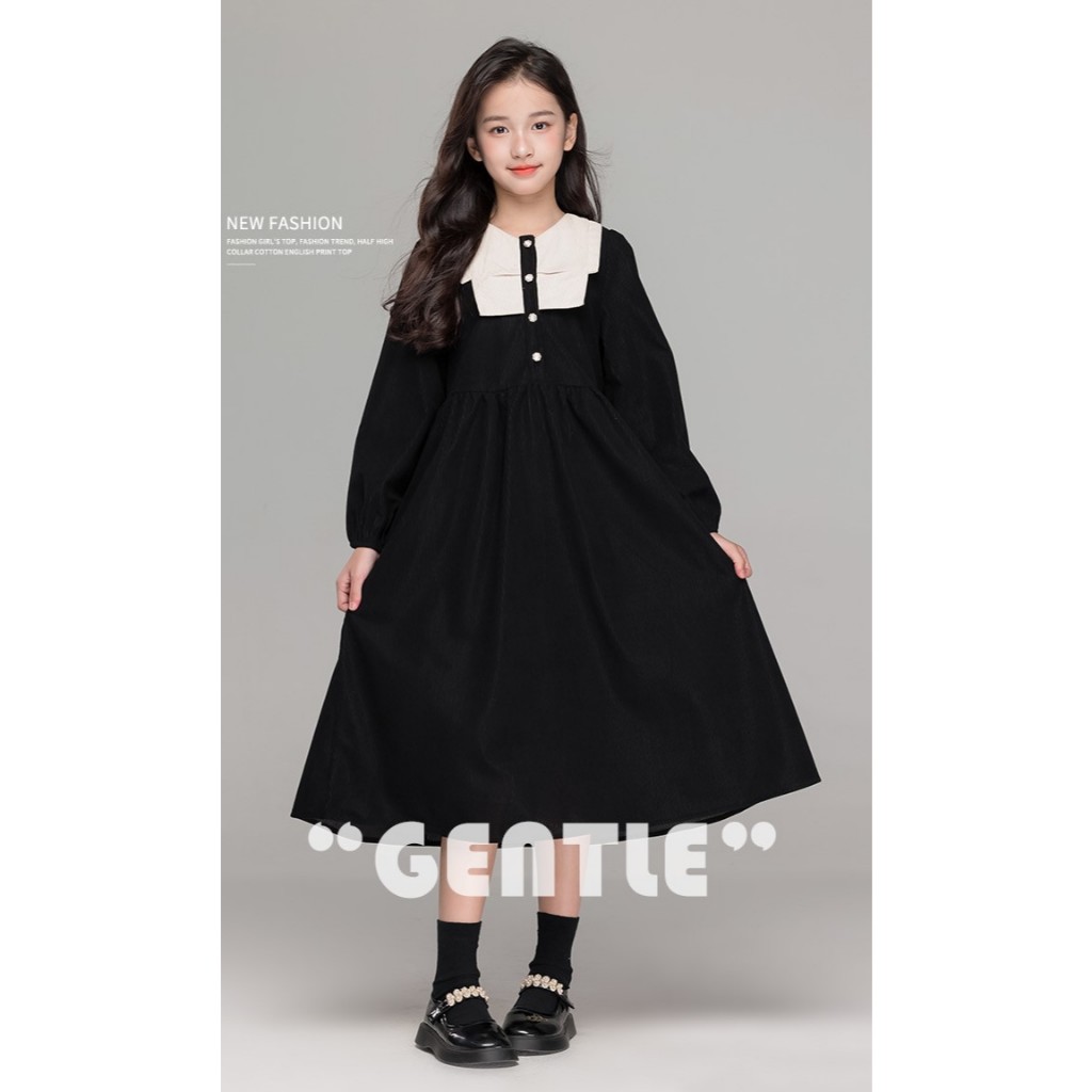 ชุดเดรสกระโปรงเด็กโตสีดำแขนตุ๊กตา ชุดเด็กสีดำ ชุดเดรสเด็กโตผู้หญิงสีดำ ชุดไปเด็กงานสีดำ