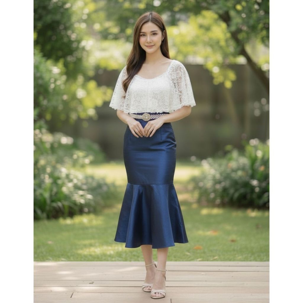 กระโปรงหางปลาสำเร็จรูป ผ้าไหมสี่เส้นเงาวาว ตัดอัดกาวเต็มตัว ซิปหลัง ยาว 36 นิ้ว [รหัส กน]