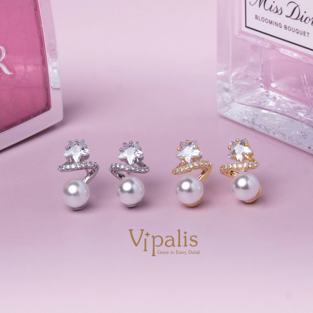 Vipalis พร้อมส่ง ต่างหูมุกคริสตัลดาว ดีไซน์เกลียว | Star Pearl Spiral Earrings | Post Pin Silver 925