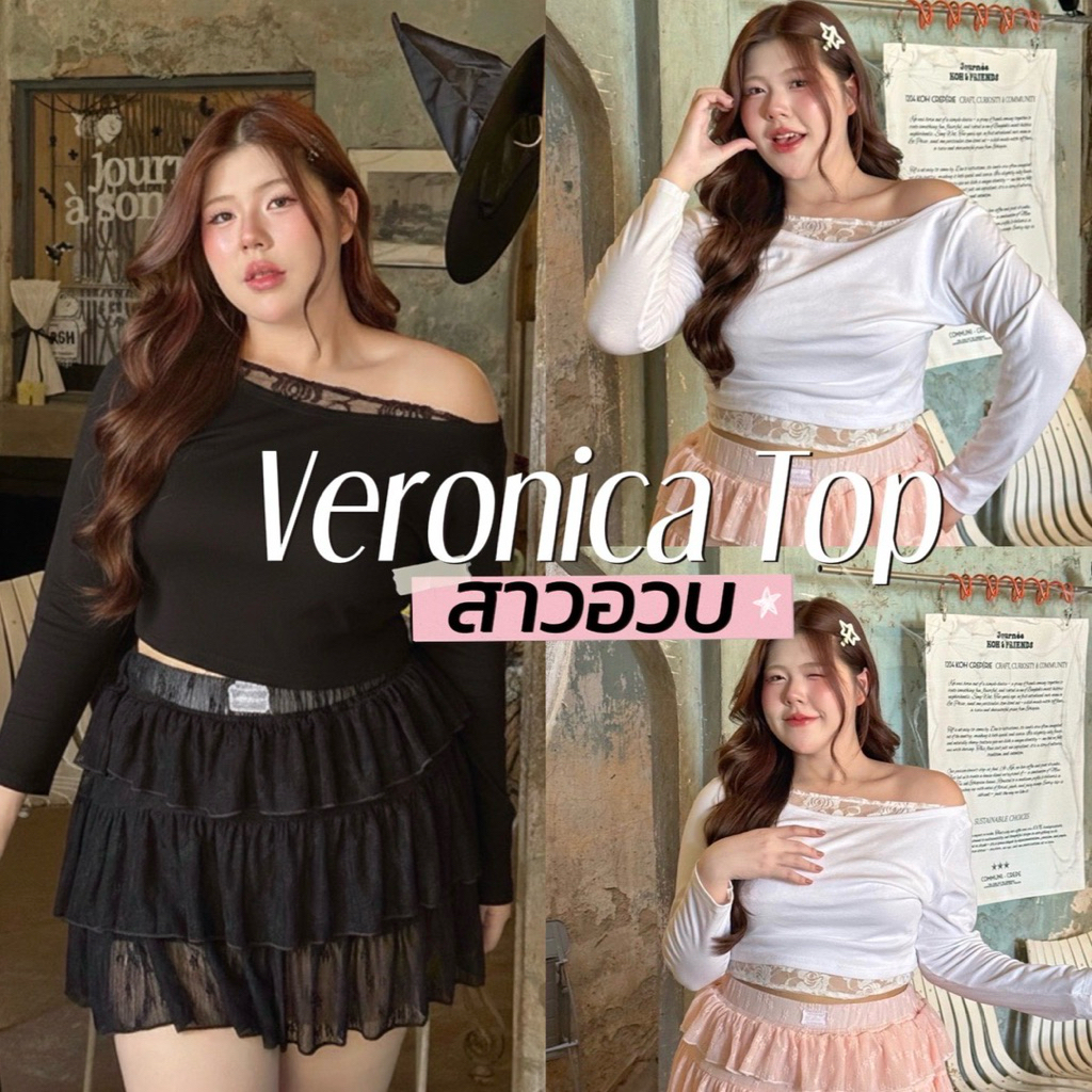 Veronica Top ເສື້ອครອບແຂນຍາວ ຄໍປາດໄຫຼ່ ຕົກແຕ່ງດ້ວຍຜ້າລູກໄມ້ ລຸກເຊັກຊີ ຮິບຫຼູ