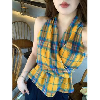 Micki-ผู้หญิง วินเทจ ตาราง คอเสื้อ เสื้อกั๊ก