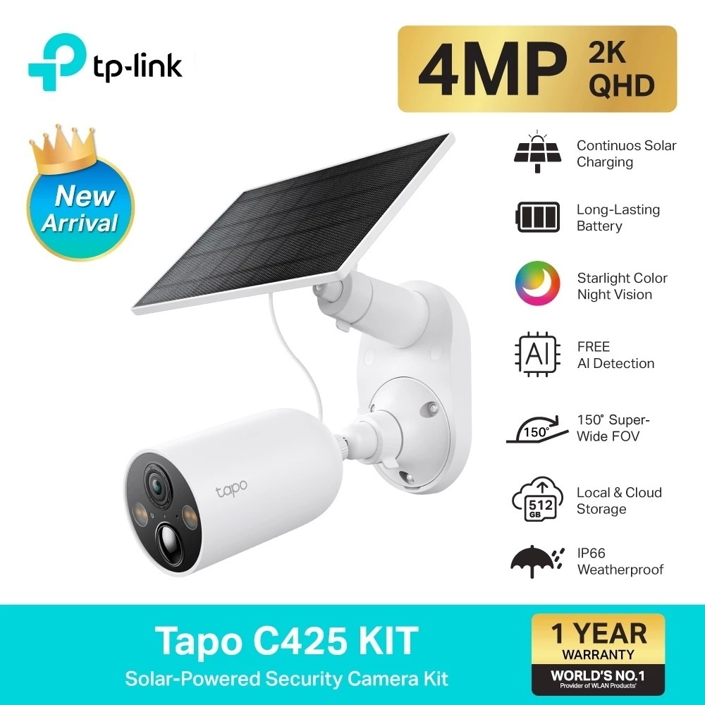 TP-LINK (Tapo C425 KIT) Solar-Powered Security Camera Kit ชุดกล้องวงจรปิดพร้อมแผงโซลาเซลล์ กล้องIP66