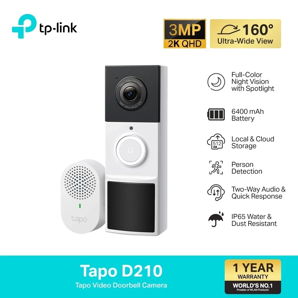 TP-Link (Tapo D210) Tapo Video Doorbell Camera กริ่งประตูอัจฉริยะ กล้อง 2K 3MP ภาพสีคมชัด IP65 สื่อสารได้ 2 ทาง