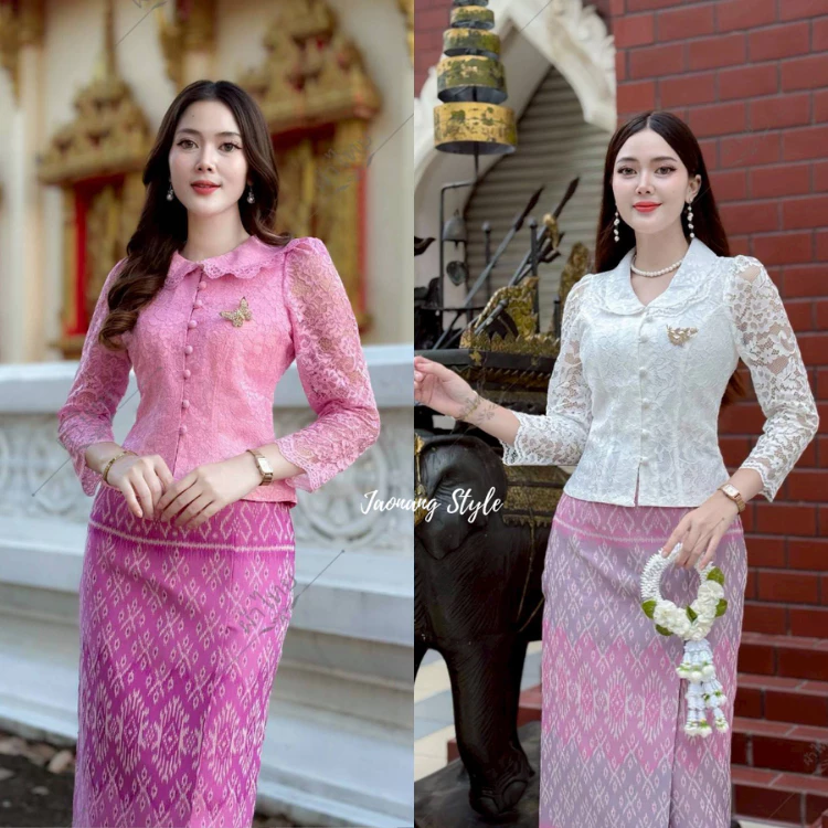 เสื้อลูกไม้อิตาลี่ คอบัว แขนยาว กระดุมผ้า งานเข้ารูปเข้าทรง ใส่กับผ้าถุง น่ารักๆ เรียบร้อยสุดๆ