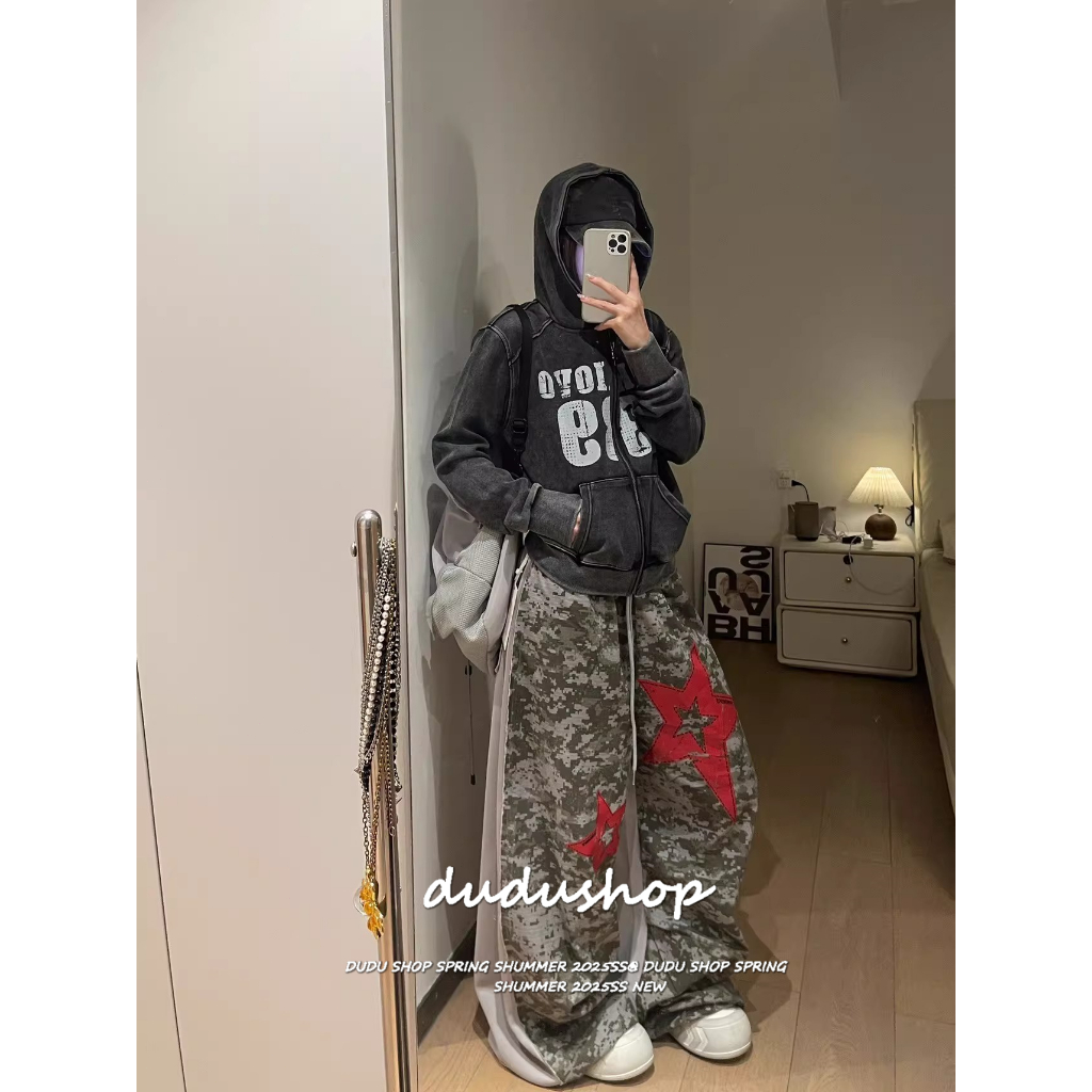 [Trendy prints, wide-leg camouflage pants]สไตล์อเมริกันวินเทจผู้หญิงผูกดาวพิมพ์ขากว้างกางเกงลายพรางลำลอง