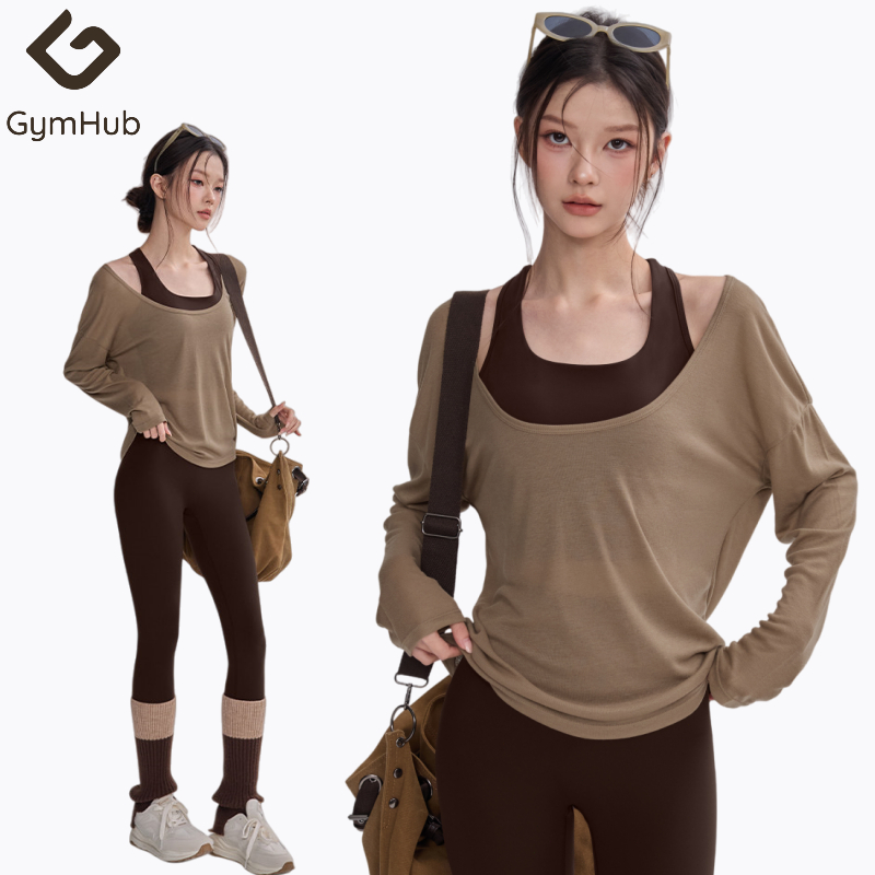 GymHub เสื้อยืดแขนยาวชุดโยคะเสื้อคลุมลายเมลลาร์ด เสื้อออกกำลังกายพิลาทิส เสื้อกีฬาหลวม
