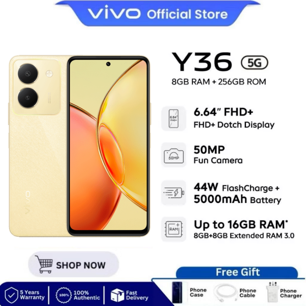 VIVO Y36 โทรศัพท์ 5G (8GB+256GB) หน้าโทจอ 6.64 นิ้ว แโเตทโอรี่ ทนทโาน กล้โอเราเพื่อรับอง