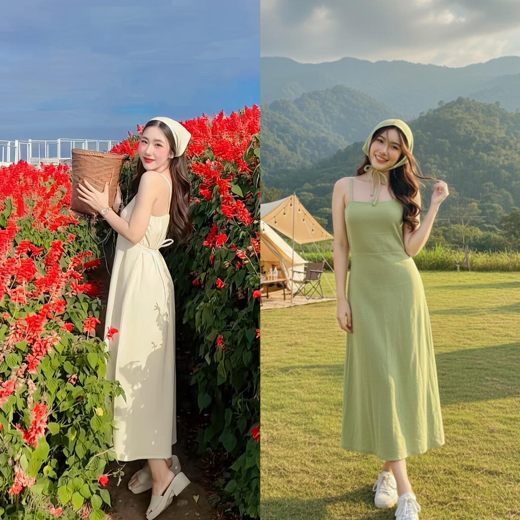 เดรสสายเดี่ยว เดรสยาวผ้าฝ้ายสไตล์มินิมอลแถมผ้าโพกผม