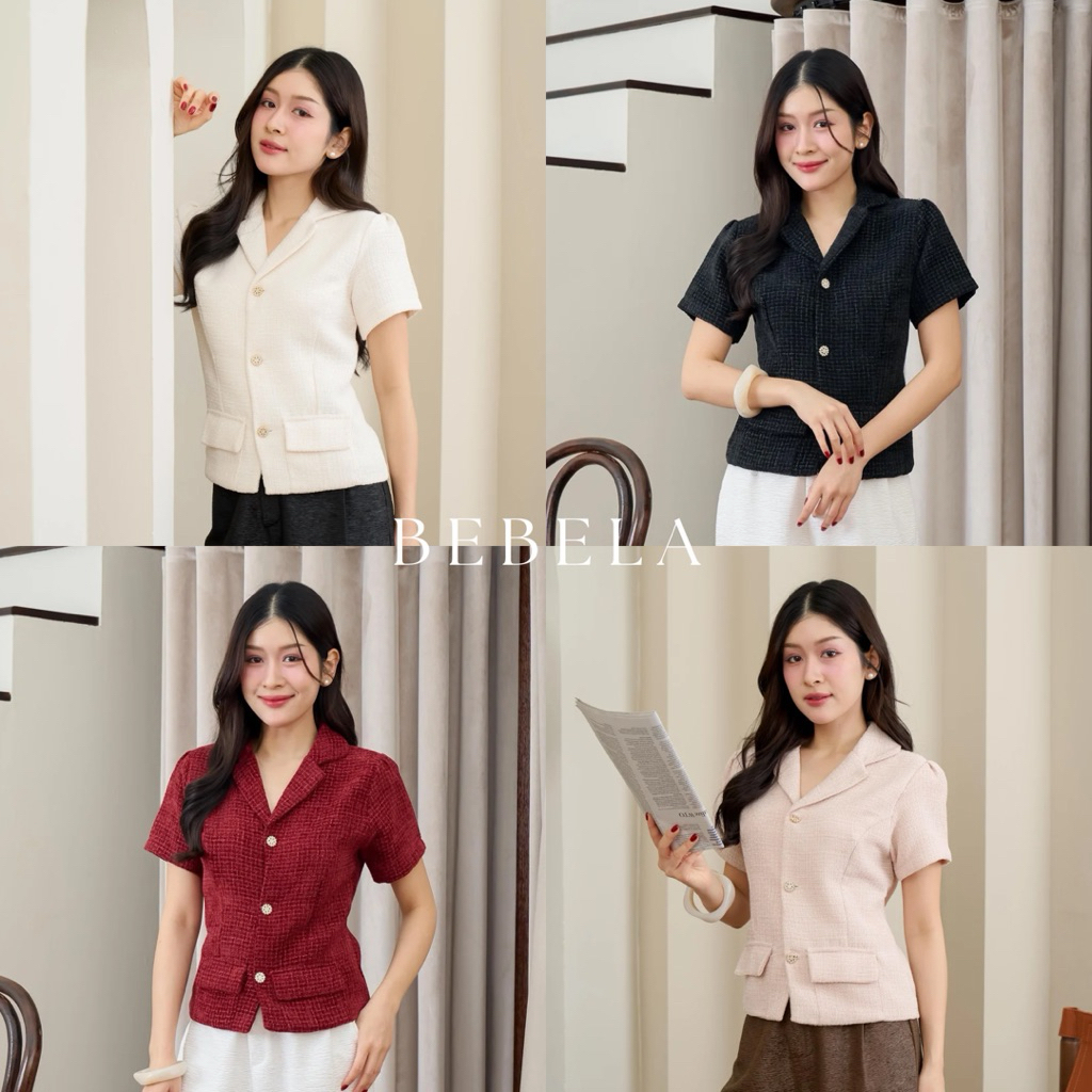 BEBELA TOP (เฉพาะเสื้อ) เสื้อคอวีคอปก แขนตุ๊กตาผ้าทวีตผ้าหนานุ่ม ดีเทลกระเป๋าหน้าและกระดุมด้านหน้า