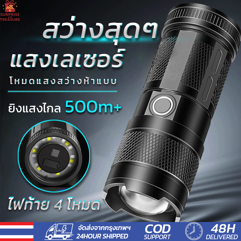 ไฟฉายขนาดเล็ก🔦 ไฟฉายพกพา ไฟฉายความเข้มสูง พร้อมไฟท้าย กันน้ำ แบตใหญ่ โหมดแสงสว่างห้าแบบ ชาร์จ Type-C ไฟฉาย