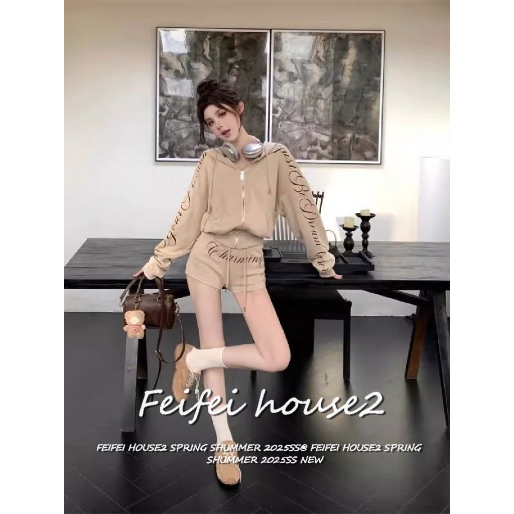 [Women's Hooded Coat Shorts Set]ผู้หญิงเสื้อแจ็กเก็ตมีฮู้ดและกางเกงขาสั้นทรงตรงสไตล์เรโทรชุด