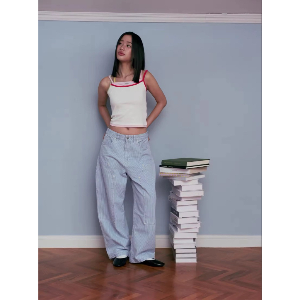 พร้อมส่ง มือ2 The Freckled Market - Hug In Lines Cargo Jeans กางเกงยีนส์ลายทาง ไซส์ S