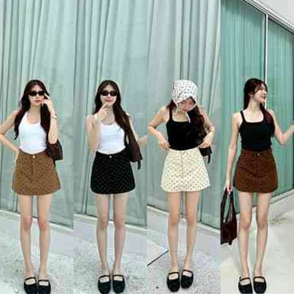 ✨✨ NEW COLOR BROWN 🤎🧸 กระโปรงสั้น ผ้าลูกฟูกลอนเล็ก พิมพ์ลายจุดซับในผ้าเดียวกันผ้านิ่มใส่สบายงานน่ารักมากๆS-XL✅