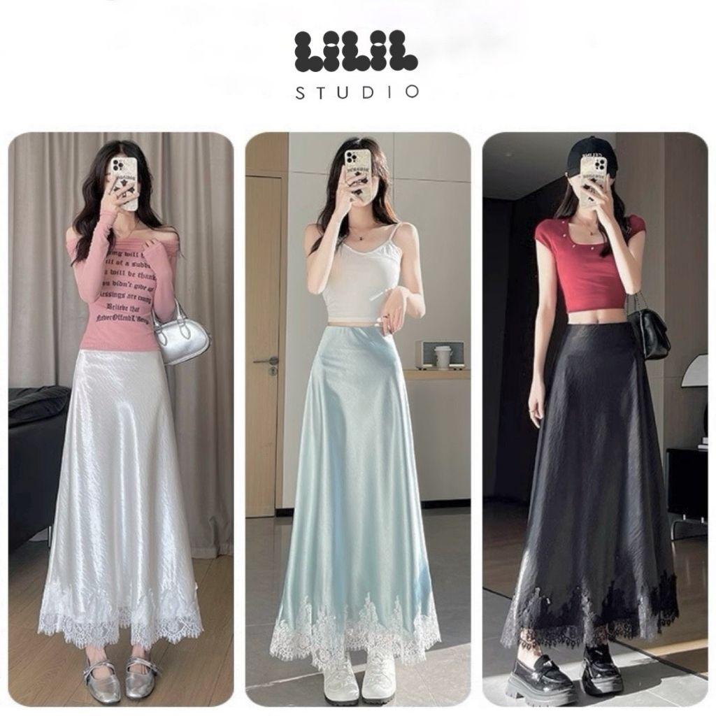 กระโปรง​ผ้าซาติน​ แต่งปลาย​ลูกไม้​ มี​ 3 สี