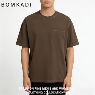 เสื้อยืดแขนสั้นผู้ชาย เสื้อยืดมีกระเป๋าOversized เส้นที่ตัดกัน ผ้าหนายับยากรีดง่าย เสื้อยืดทรงหลวม ดีไซน์คลาสสิค เสื้อยื