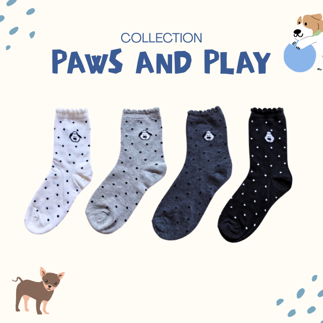 🦮🐶 ถุงเท้าข้อกลางลายจุด โทนสีขาวดำแมชกับการแต่งตัวง่าย คอลเลคชั่น “Paws and play” 🐶🦮