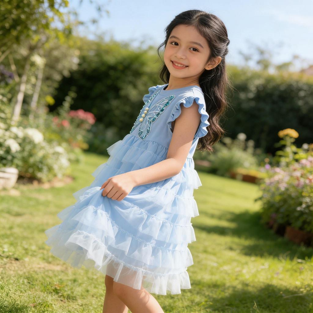 【COD】เดรสกระโปรงเด็กผู้หญิง  สไตล์เจ้าหญิง ชุดออกงาน สวยหวาน น่ารัก ตกแต่งด้วยงานปักผีเสื้อ กระโปรงอัดผ้าชีฟองหลายชั้น ม - รูปที่ 7