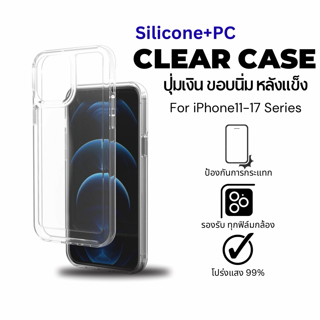 wapplestore เคสใสโปร่งแสงหลังแข็งขอบนิ่ม ปุ่มเงิน เคสสำหรับรุ่นiPhone678/SE3 - 17 17Air 17pro 17promax