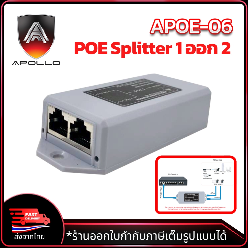 APOLLO รุ่น APOE-06-POE-1x2P/30W ตัวแยก POE 1 ออก 2 RJ45 POE Splitter สําหรับกล้องวงจรปิด CCTV