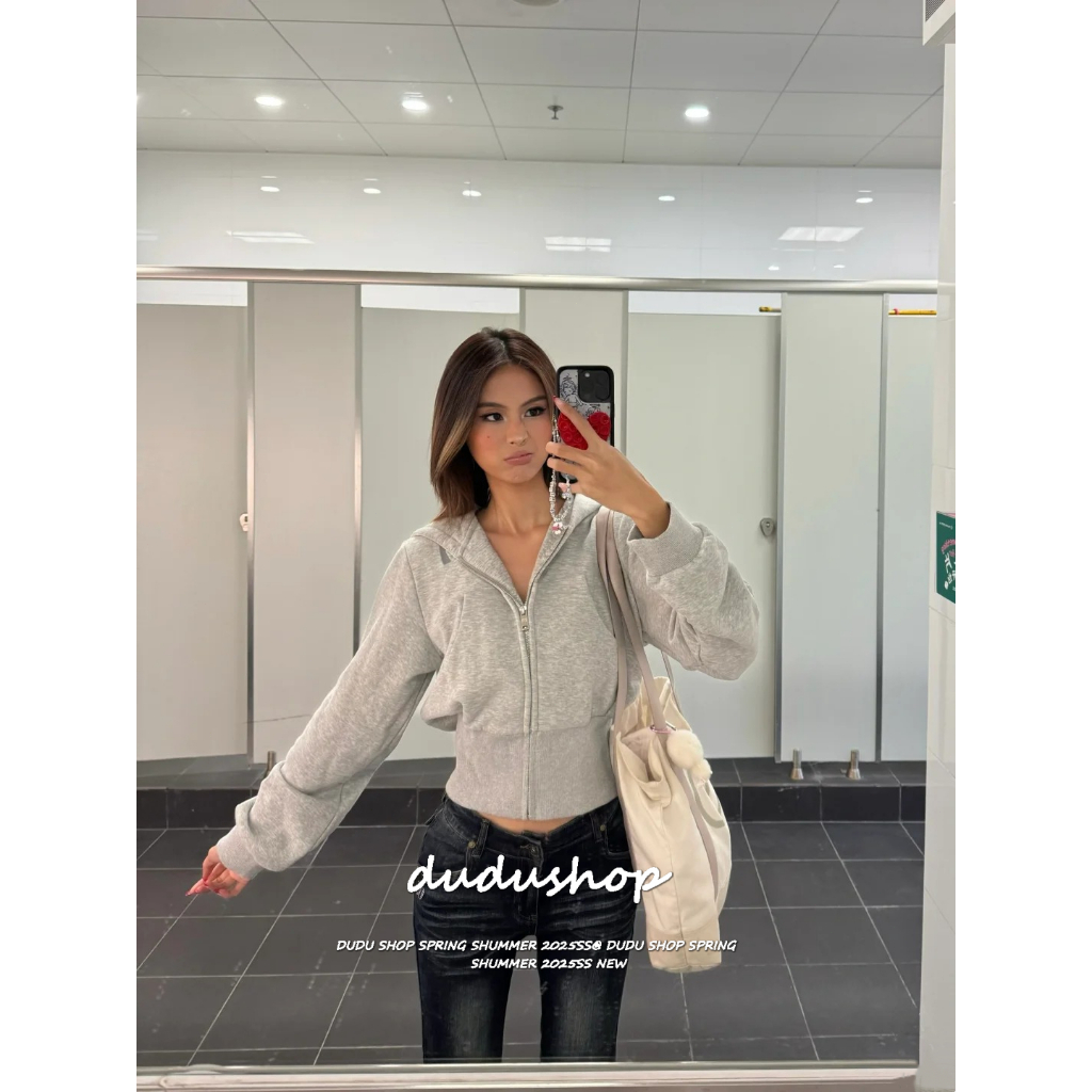 [Solid color long-sleeved hooded jacket]เกาหลีรุ่นสีทึบวินเทจซิปกีฬาผู้หญิงผูกเสื้อคลุมด้วยผ้า