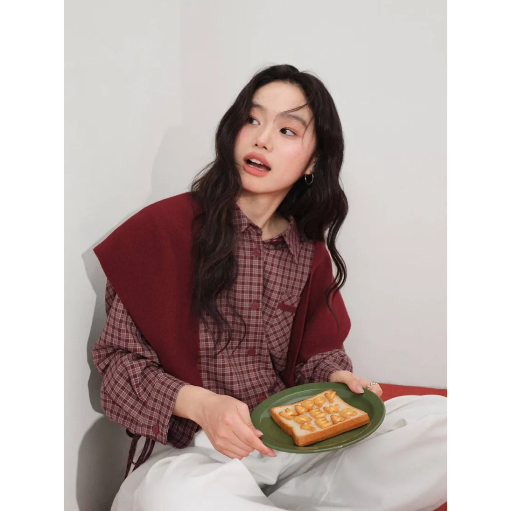[พรีออเดอร์] ❤KUOSE : Red Plaid Blouse and Matching Shawl❤